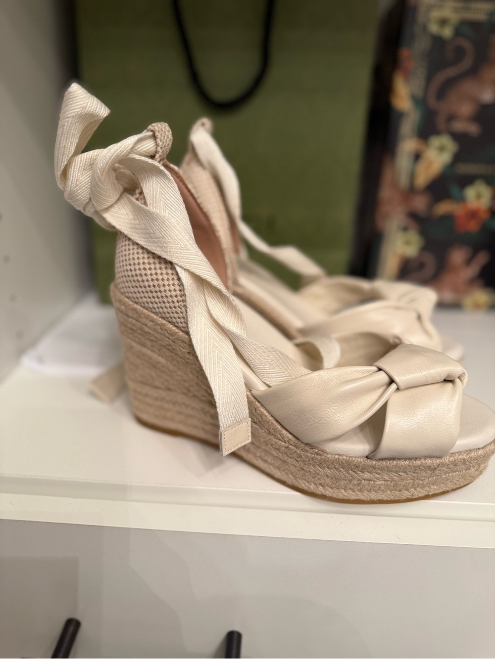 Cole Haan Cream Espadrille Wedge Sandals with Ankle Tie